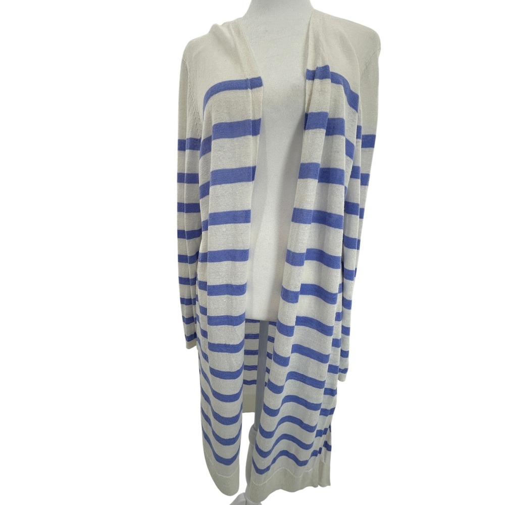 Talbots Linen Blend Blue Stripe Long Cardigan Duster Lightweight Coastal M - Picture 3 of 9